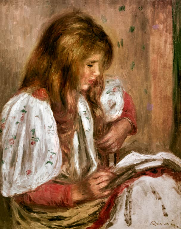 Mädchen mit langem Haar in weißer Bluse beugt sich über ein Buch – Pierre-Auguste Renoir Fillette en blanc Kunstkopie
