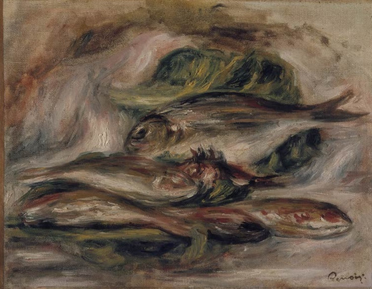 Mehrere Fische liegen nebeneinander auf braunem Grund – Pierre-Auguste Renoir Fische Kunstkopie