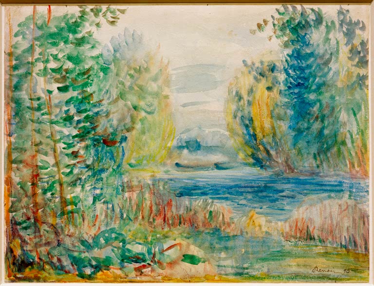 Fluss mit Büschen und Bäumen in zarten Aquarellfarben – Pierre-Auguste Renoir Flußlandschaft Kunstkopie
