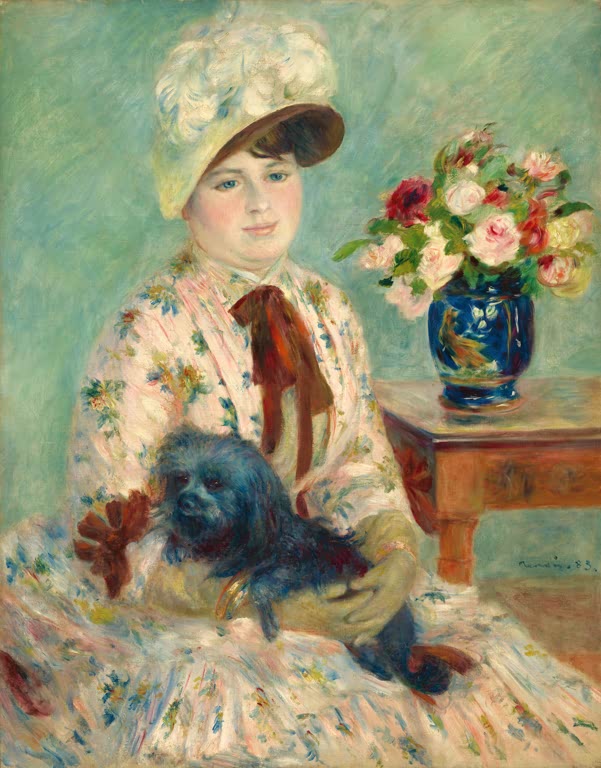 Frau mit hellem Hut und Hündchen im Arm neben Rosenstrauß – Pierre-Auguste Renoir Fräulein Charlotte Berthier Kunstkopie