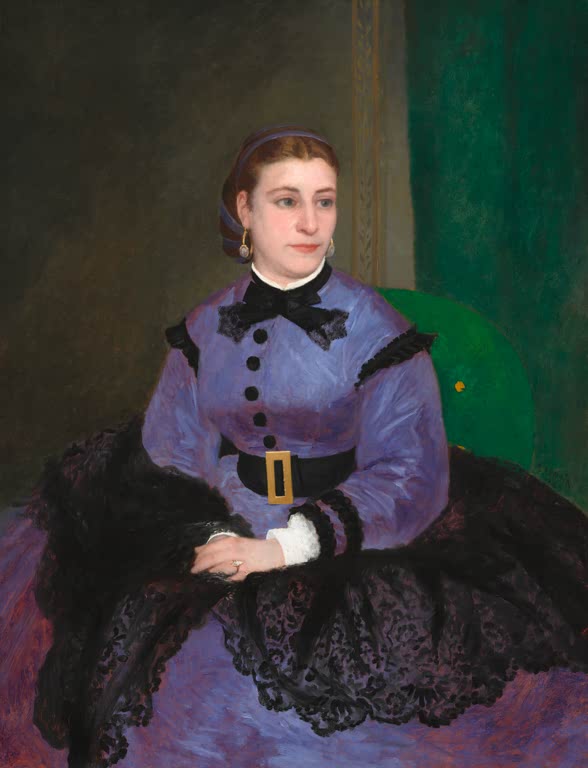 Dame in violettem Kleid mit schwarzer Spitze sitzt vor grünem Vorhang – Pierre-Auguste Renoir Fräulein Sicot Kunstkopie