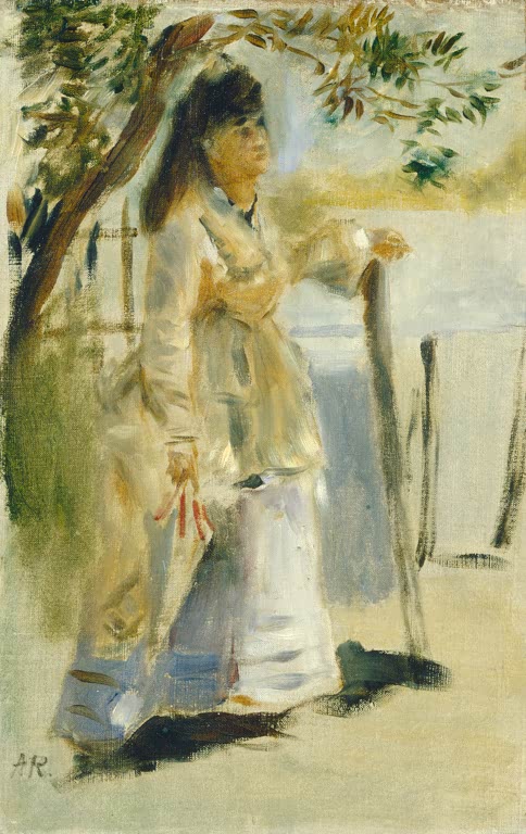 Frau in hellem Kleid steht an einem Zaun unter Bäumen – Pierre-Auguste Renoir Frau an einem Zaun Kunstkopie