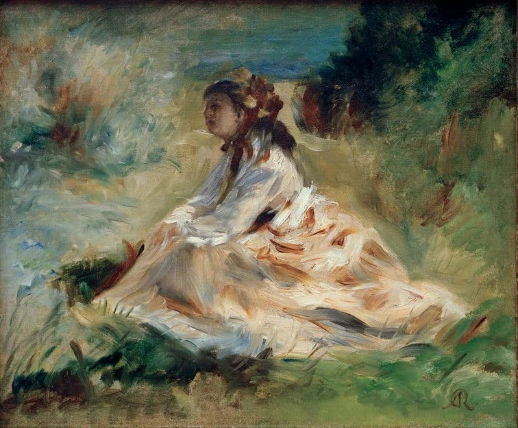 Frau im hellen Kleid sitzt im hohen Gras – Pierre-Auguste Renoir Frau auf einer Wiese (Lise Tréhot) Kunstkopie