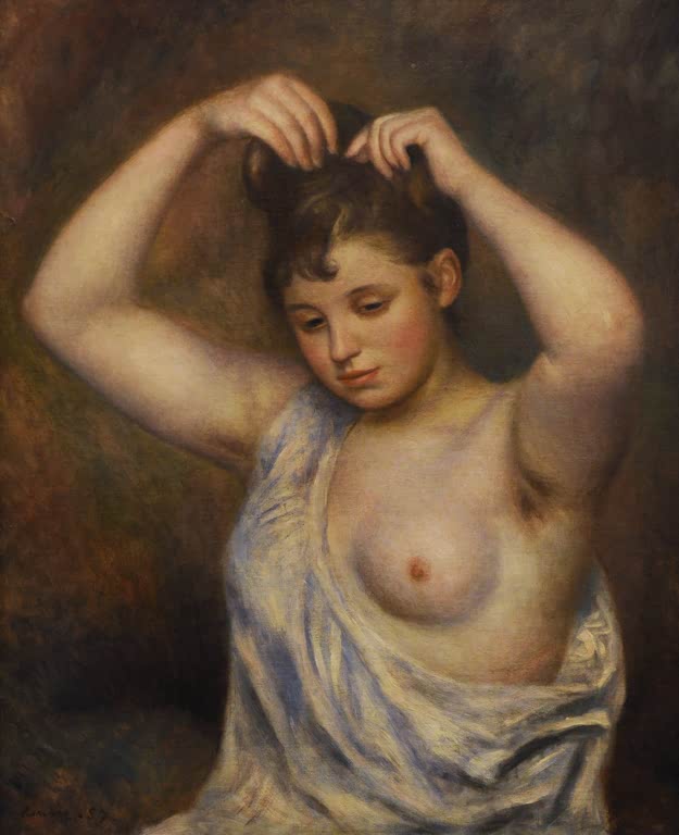 Halbakt einer jungen Frau, die sich die Haare hochsteckt – Pierre-Auguste Renoir Frau, die ihr Haar ordnet Kunstkopie