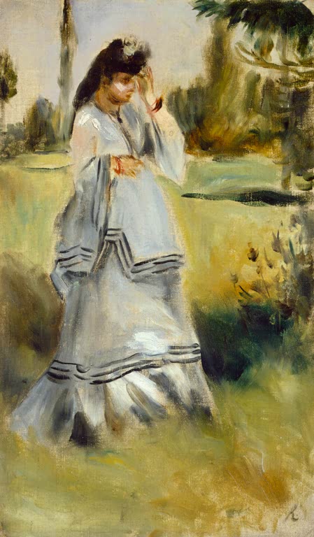 Frau in hellem Kleid mit Rüschen geht durch einen Park – Pierre-Auguste Renoir Frau in einem Park Kunstkopie