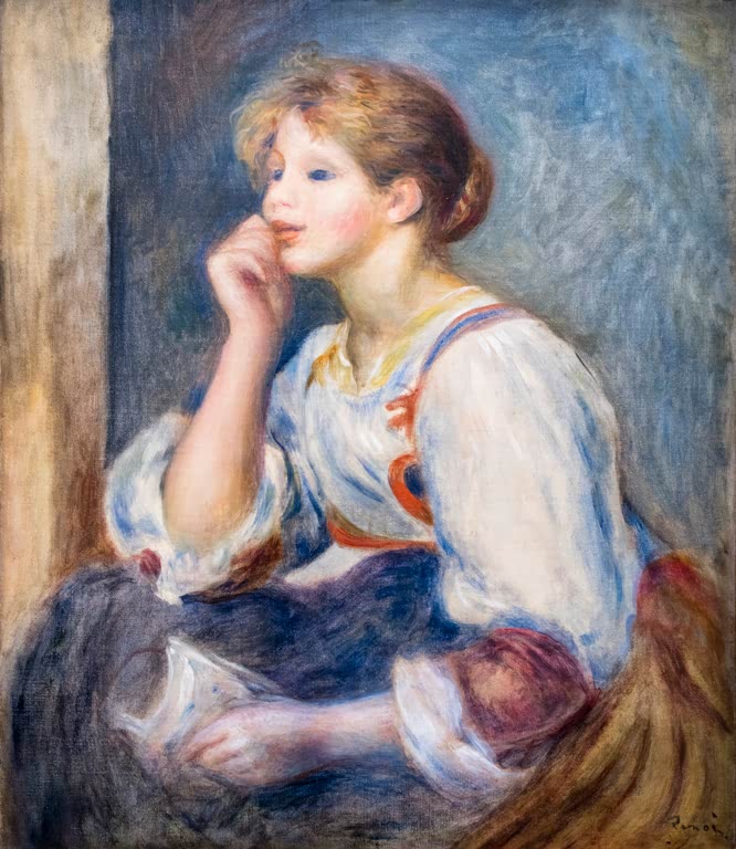 Junge Frau stützt nachdenklich den Kopf, einen Brief im Schoß – Pierre-Auguste Renoir Frau mit Brief Kunstkopie