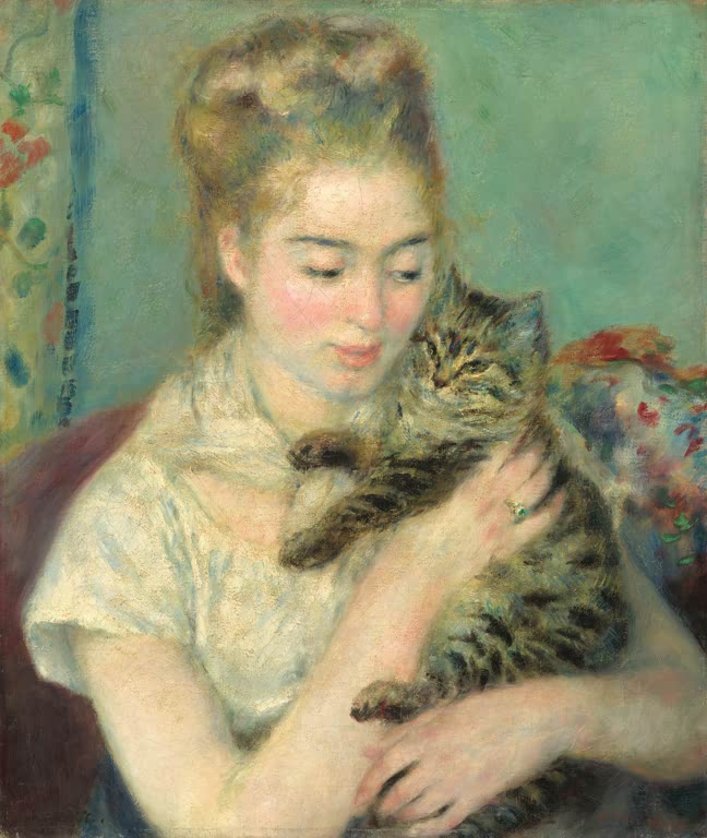 Junge Frau hält eine getigerte Katze im Arm – Pierre-Auguste Renoir Frau mit einer Katze Kunstkopie
