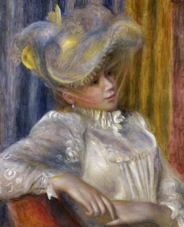 Junge Frau mit federgeschmücktem Hut, im Profil an einen Stuhl gelehnt – Pierre-Auguste Renoir Frau mit Hut Kunstkopie