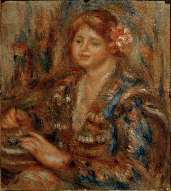 Frau mit Rose im Haar und buntem gemustertem Schal – Pierre-Auguste Renoir Frau mit Rose Kunstkopie