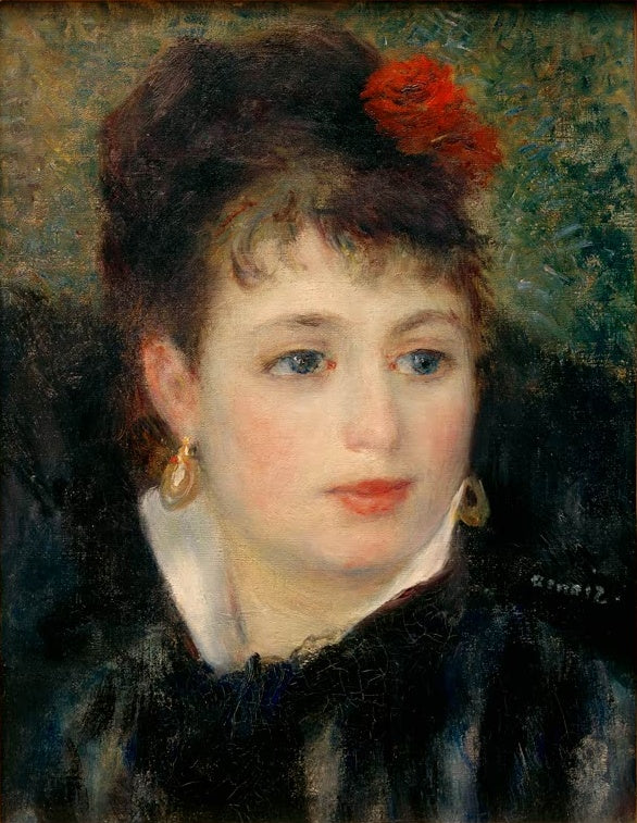 Junge Frau mit roter Blüte im dunklen Haar – Pierre-Auguste Renoir Frau mit Rose Kunstkopie