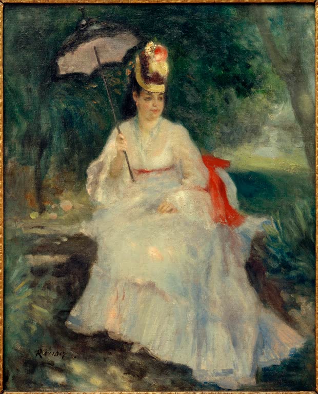Frau in weißem Kleid mit Sonnenschirm sitzt im Garten – Pierre-Auguste Renoir Frau mit Sonnenschirm im Garten Kunstkopie