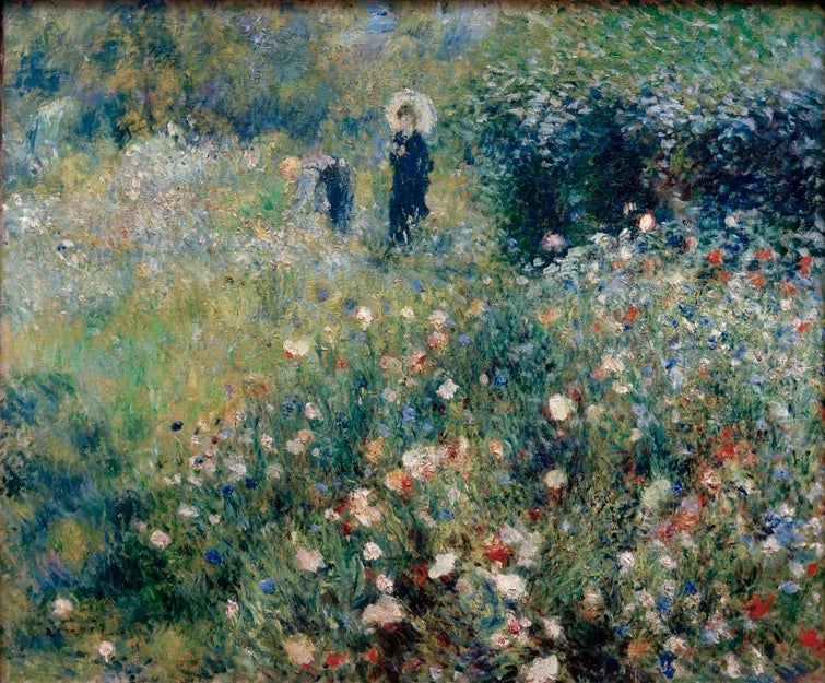 Zwei Personen in blühender Wiese – Pierre-Auguste Renoir Frau mit Sonnenschirm in einem Garten Kunstkopie