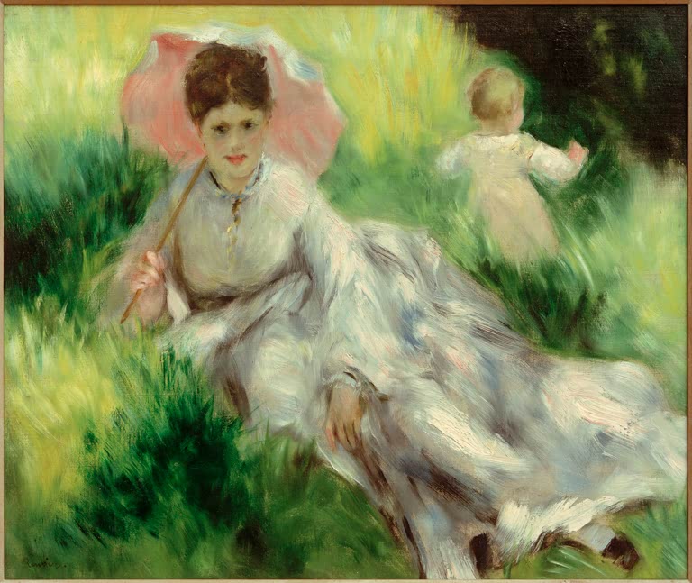 Frau mit rosa Sonnenschirm liegt im Gras, Kind dahinter – Pierre-Auguste Renoir Frau mit Sonnenschirm und Kind Kunstkopie