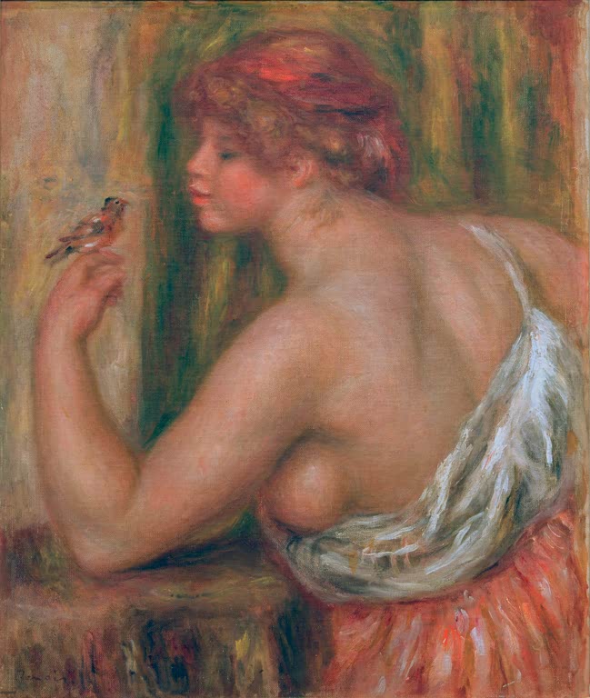 Halbnackte Frau im Profil mit rotem Haar hält einen kleinen Vogel – Pierre-Auguste Renoir Frau mit Vögelchen Kunstkopie