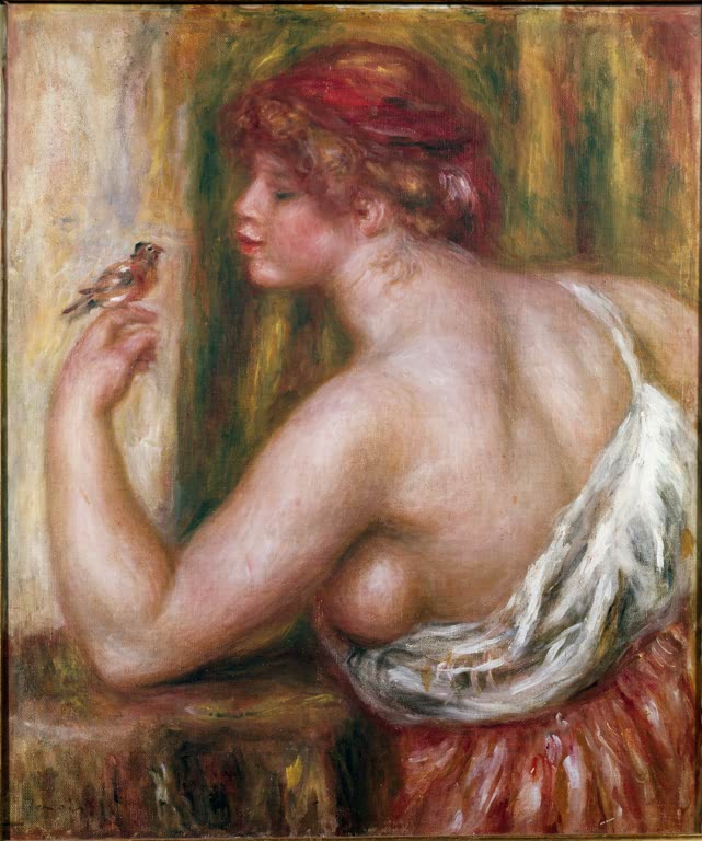 Junge Frau mit rotem Haar hält einen kleinen Vogel auf der Hand – Pierre-Auguste Renoir Frau mit Vögelchen Kunstkopie