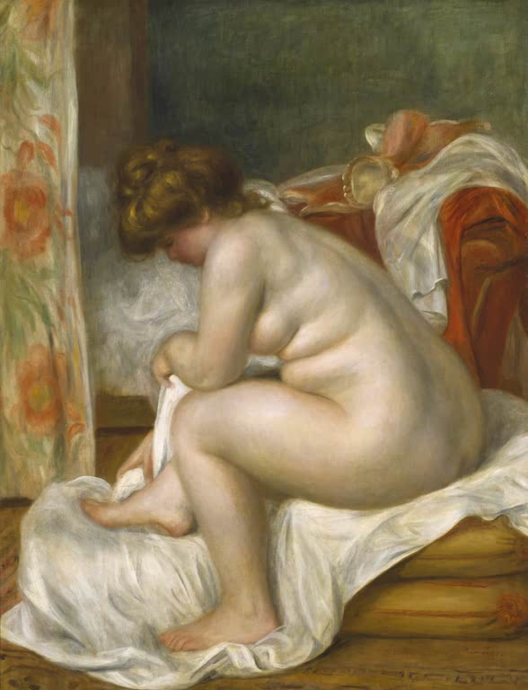 Weiblicher Akt trocknet sich auf einem Bett die Füße ab – Pierre-Auguste Renoir Frau nach dem Bad Kunstkopie