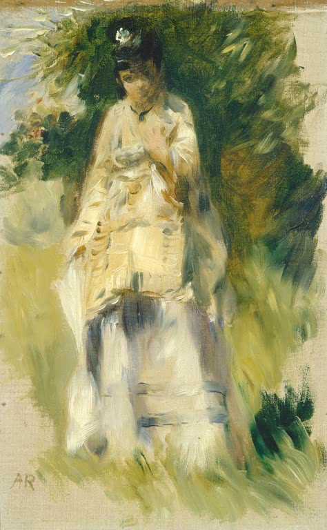 Frau in hellem Kleid steht neben einem Baum im Grünen – Pierre-Auguste Renoir Frau stehend bei einem Baum Kunstkopie