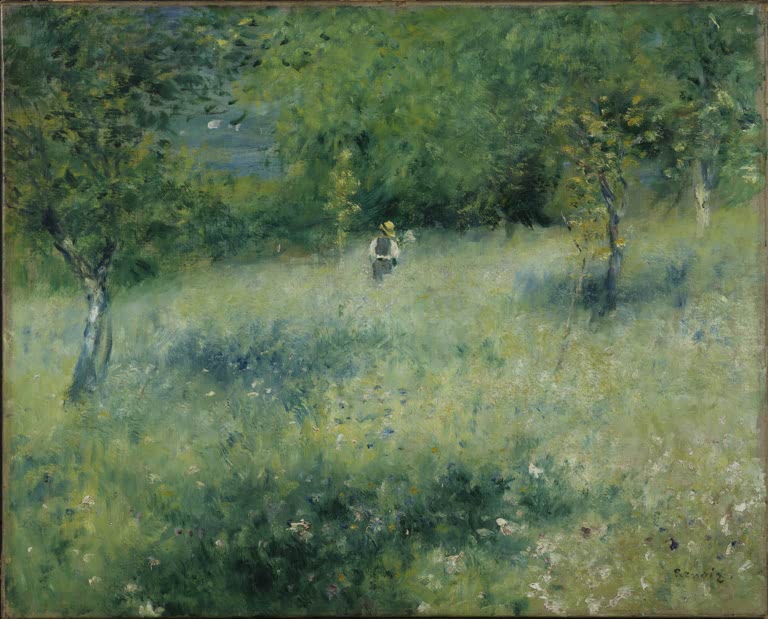 Blühende grüne Wiese mit Obstbäumen und kleiner Figur im Frühling – Pierre-Auguste Renoir Frühling in Chatou Kunstkopie
