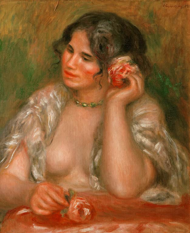 Frau mit dunklem Haar hält eine Rose ans Ohr, Schulter entblößt – Pierre-Auguste Renoir Gabrielle à la rose Kunstkopie