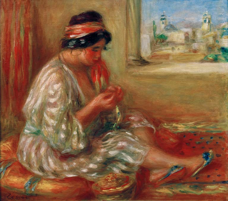 Frau mit Kopftuch sitzt am Fenster mit Blick auf eine Stadt – Pierre-Auguste Renoir Gabrielle en Algérienne Kunstkopie