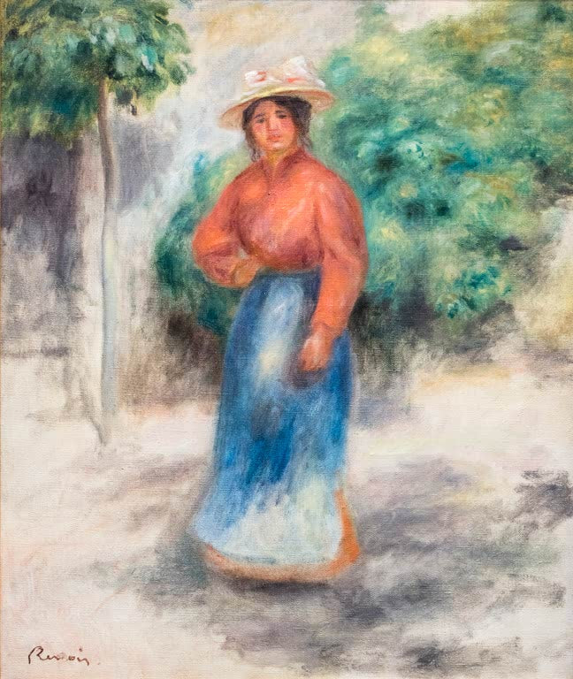 Frau mit Strohhut in orangeroter Bluse und blauem Rock im Garten – Pierre-Auguste Renoir Gabrielle im Garten Kunstkopie