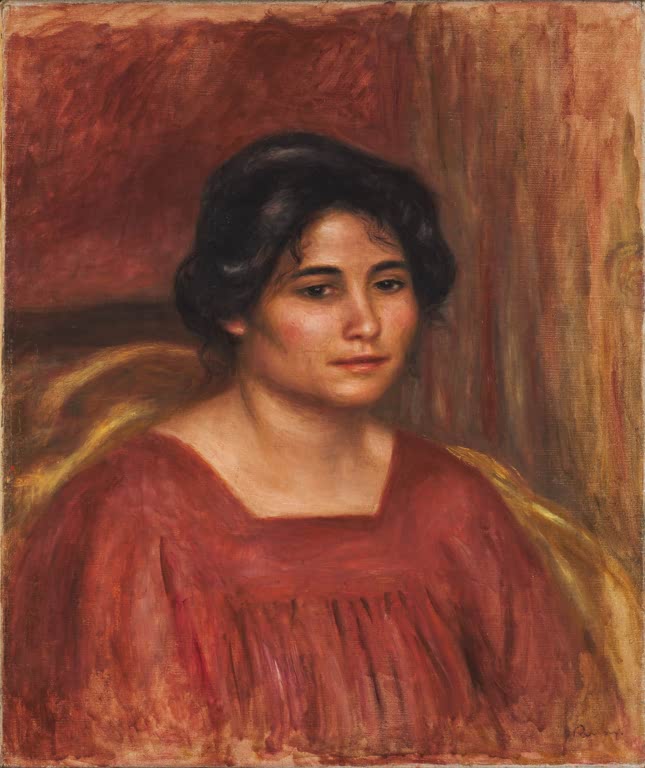 Dunkelhaarige Frau in rotem Kleid im goldgelben Sessel – Pierre-Auguste Renoir Gabrielle in einem roten Kleid Kunstkopie