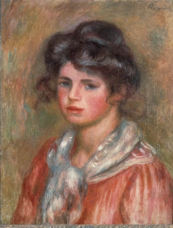 Junge Frau mit dunklem Haar, weißem Schal und rosa Bluse – Pierre-Auguste Renoir Gabrielle, oder Der weiße Schal Kunstkopie