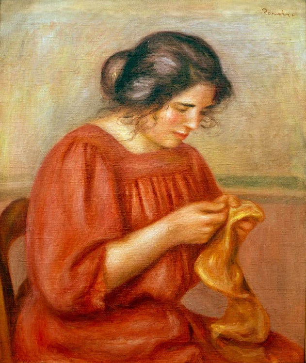Junge Frau in rotem Kleid näht an einem gelben Stoff – Pierre-Auguste Renoir Gabrielle reprisant Kunstkopie