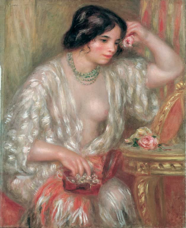 Frau mit Perlenkette öffnet ein Schmuckkästchen am Frisiertisch – Pierre-Auguste Renoir Gabrille aux bijoux Kunstkopie