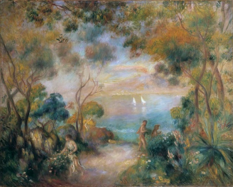 Blick durch Bäume auf Bucht mit Segelbooten – Pierre-Auguste Renoir Garten in Sorrent Kunstkopie