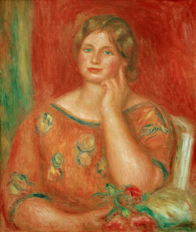 Frau in orangefarbener Bluse stützt das Kinn in die Hand – Pierre-Auguste Renoir Gertrud Osthaus Kunstkopie