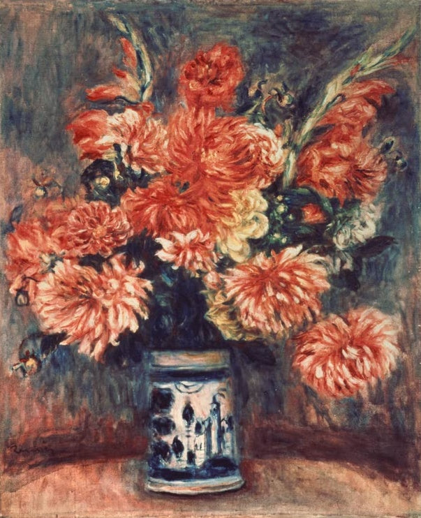 Rote Dahlien und Gladiolen in blau-weißer Vase – Pierre-Auguste Renoir Glaieuls et dahlias Kunstkopie