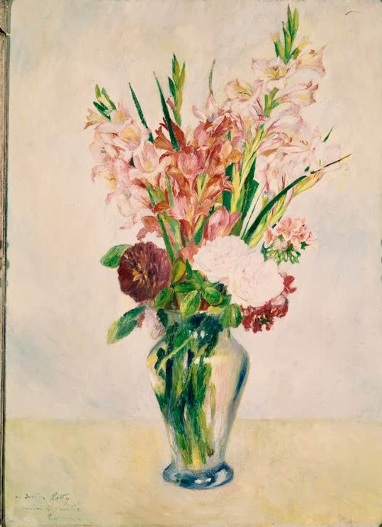 Gladiolen und Pfingstrosen in schlanker Glasvase vor hellem Hintergrund – Pierre-Auguste Renoir Glaïeuls Kunstkopie