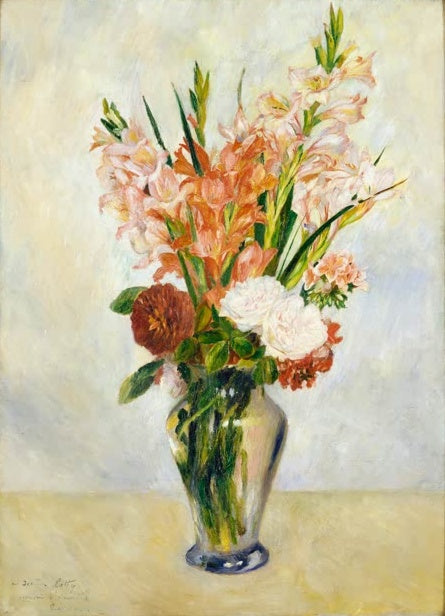 Gladiolen und Dahlien in einer Glasvase vor hellem Grund – Pierre-Auguste Renoir Glaïeuls Kunstkopie
