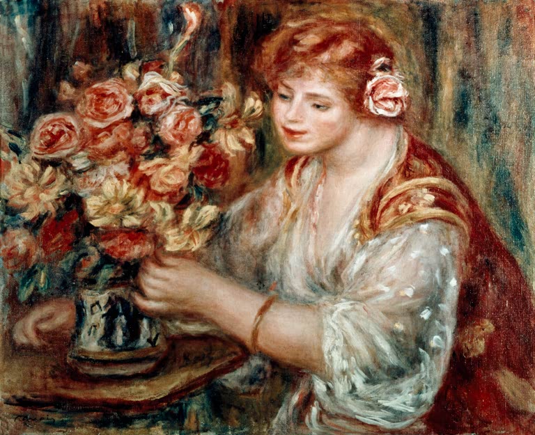 Junge Frau mit Rose im Haar ordnet einen Blumenstrauß – Pierre-Auguste Renoir Grand bouquet de fleurs Kunstkopie