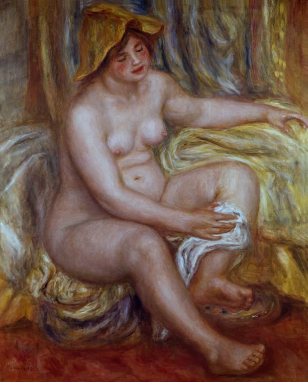 Sitzender weiblicher Akt mit gelbem Hut auf gelben Tüchern – Pierre-Auguste Renoir Grand nu Kunstkopie