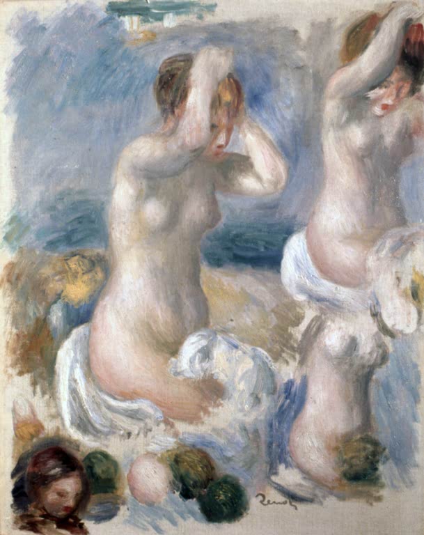 Zwei nackte Badende am Wasser, eine mit erhobenen Armen – Pierre-Auguste Renoir Große Badende Kunstkopie