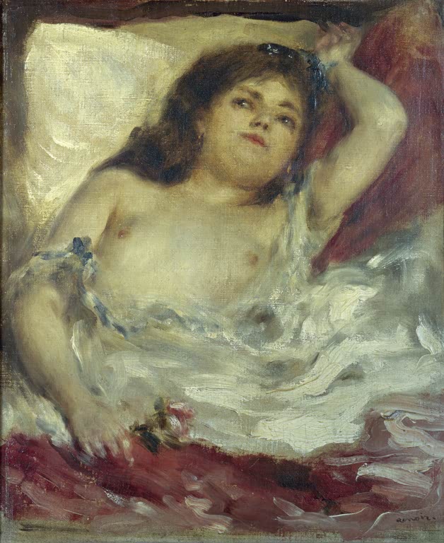 Halbnackte junge Frau liegt im weißen Bett, Arm über dem Kopf – Pierre-Auguste Renoir Halbakt im Bett: Die Rose Kunstkopie