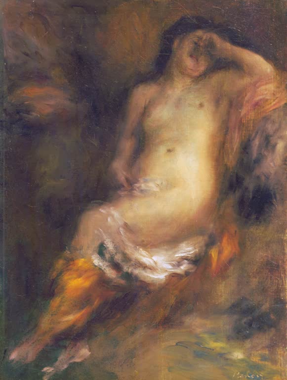 Schlafende Badende mit orangefarbenem Tuch vor dunklem Grund – Pierre-Auguste Renoir Im Schlaf versunkene Badende Kunstkopie