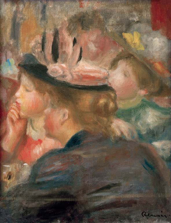 Junge Frau mit Hut im Profil im Theaterpublikum – Pierre-Auguste Renoir Im Theater Kunstkopie