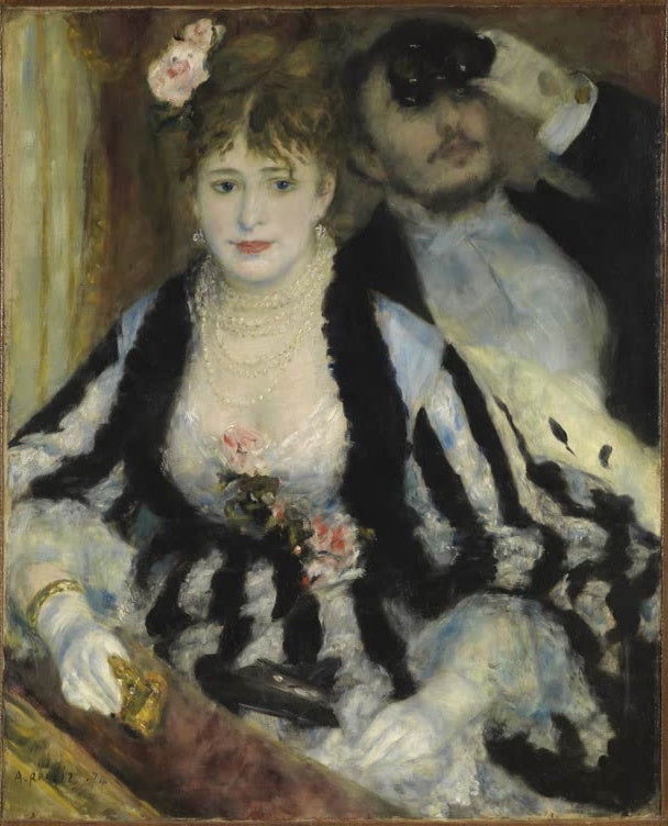 Elegante Frau mit Perlenkette und Mann mit Opernglas in der Theaterloge – Pierre-Auguste Renoir In der Theaterloge Kunstkopie