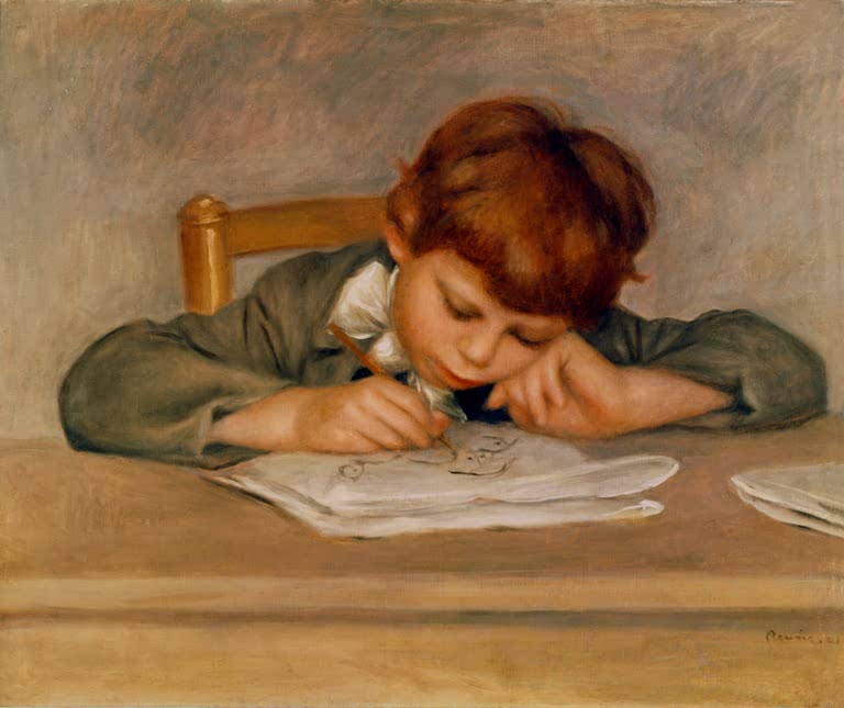 Rothaariger Junge zeichnet über Papier gebeugt am Tisch – Pierre-Auguste Renoir Jean Renoir, zeichnend Kunstkopie