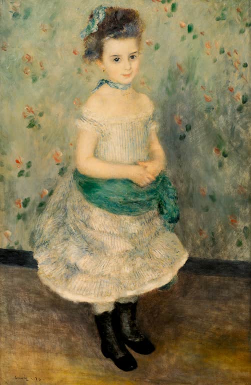 Mädchen im weißen Kleid mit grüner Schärpe vor Blumentapete – Pierre-Auguste Renoir Jeanne Durand-Ruel Kunstkopie