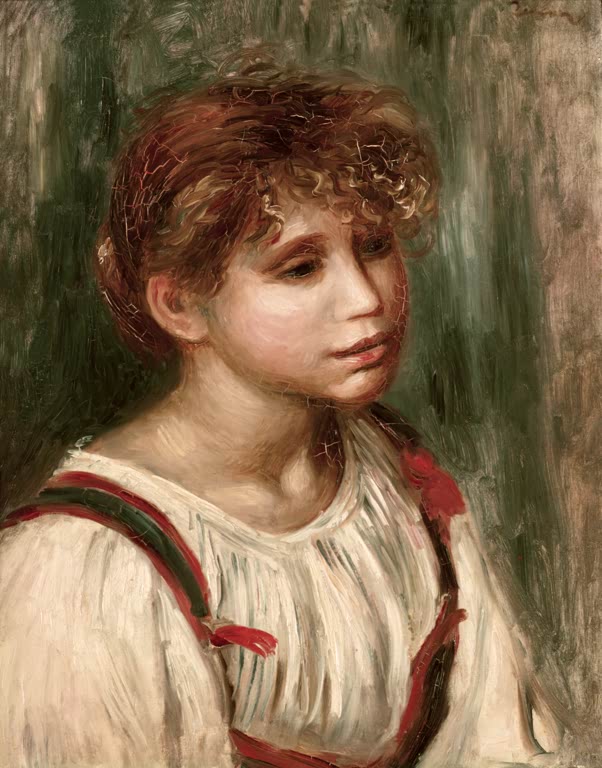 Junges Mädchen mit rotbraunem Haar und roten Trägern – Pierre-Auguste Renoir Jeune Bretonne. Kunstkopie