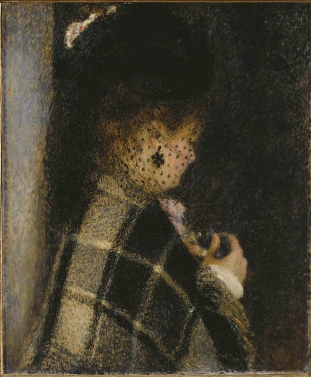 Junge Frau mit Schleier und kariertem Mantel im Halbprofil – Pierre-Auguste Renoir Jeune femme à la voilette Kunstkopie