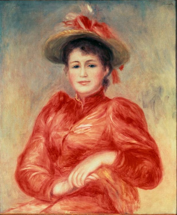 Junge Frau mit Strohhut in leuchtend roter Bluse – Pierre-Auguste Renoir Jeune femme aux corsage rouge Kunstkopie
