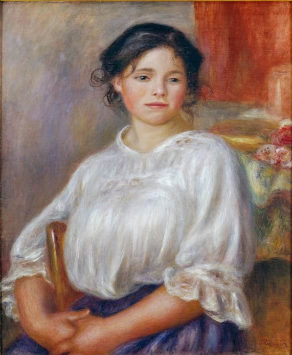 Junges Mädchen in weißer Bluse sitzt auf einem Stuhl – Pierre-Auguste Renoir Jeune fille assise Kunstkopie