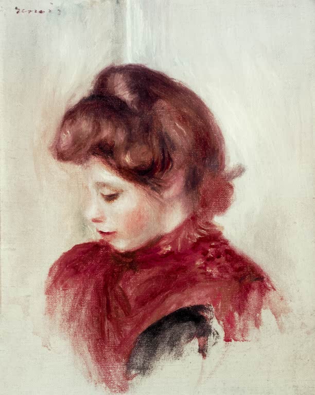 Mädchen mit rotbraunem Haar und rotem Cape vor hellem Grund – Pierre-Auguste Renoir Jeune fille au cape rouge Kunstkopie