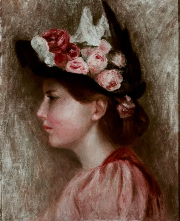 Mädchen im Profil mit schwarzem Hut voller Rosen – Pierre-Auguste Renoir Jeune fille au chapeau noir Kunstkopie