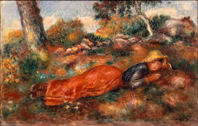 Mädchen mit Strohhut liegt im Gras unter Bäumen – Pierre-Auguste Renoir Jeune fille couchee Kunstkopie